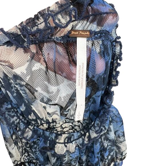 Free People Hello There Top Blouse Smocked Flare Sleeve Mesh Floral Blue Large - Picture 9 of 11